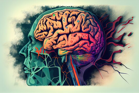 medical illustration of brain with schizophrenic symptoms, such as delusions and hallucinations, created with generative ai