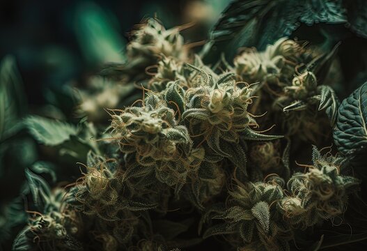 Closeup of marijuana cannabis plant growing buds, flowering thc cbd weed, generative ai