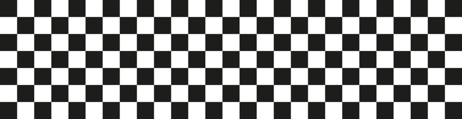 Checkered pattern wallpaper. Black white tile long banner background design. Racing flag shape texture.	