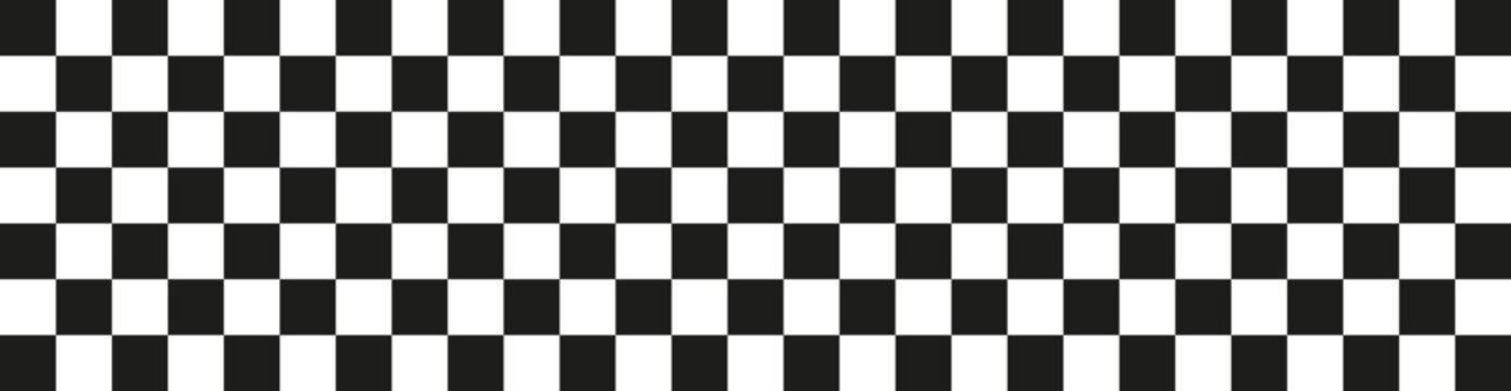 Checkered pattern wallpaper. Black white tile long banner background design. Racing flag shape texture.	