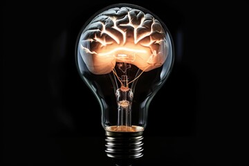 Brain Sparks Ignite Ideas: Human Brain and Light Bulb Representing Creative Inspiration and Innovation, Generative AI