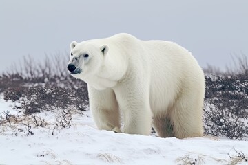 Naklejka na ściany i meble Northern Polar Bear Majesticly Roaming Manitoba's Arctic Snow: Wildlife Photography: Generative AI