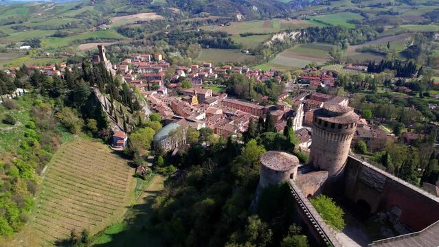 one of the most beautiful medieval villages of Italy, Emilia romagna region- Brisighella in Ravenna province, Aerial drone overflight view of the castle and clock tower