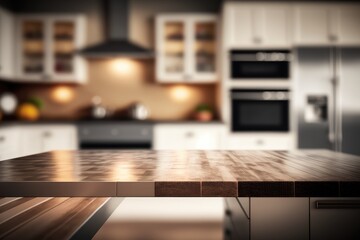 Empty luxury modern table with blurry background of kitchen, AI generated
