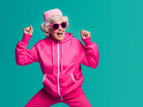 Funny, super excited, happy old grandma in pink sporty clothes. Generative ai