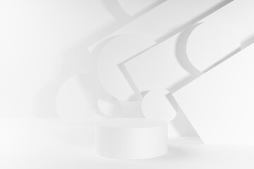 White abstract trendy scene mockup in modern geometric urban style for presentation cosmetic products, goods, design - one cylinder podium, stripes, angles, flying circles in hard light, shadows.