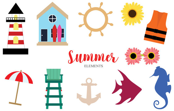 Summer elements design collection with light house, beach house, anchor, sumflower, life jacket, umbrella, beach chair, steering wheel, sunglasses, fish, and sea horse.