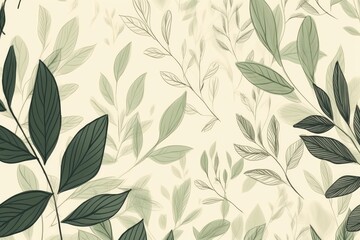 Green plants, twigs and leaves on beige background, hand drawing. Generative AI