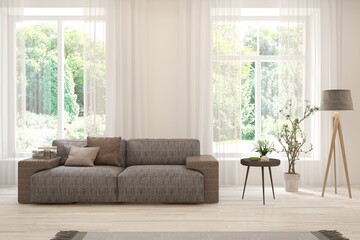 Bright interior design with modern furniture and summer landscape in window. 3D illustration