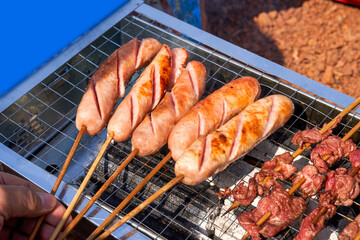 A person is grilling meat skewers in a picnic camping, delicious and tempting barbecue