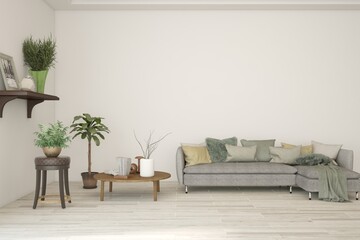 White modern interior design with sofa. Scandinavian interior design. 3D illustration