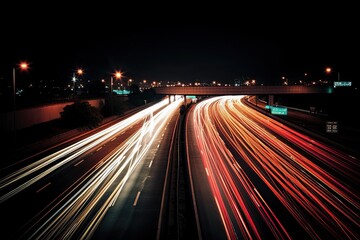 Fototapeta na wymiar Highway Traffic by Night: Capturing the Magic of Long Exposure - Cars Blurring into Red Lights. Generative AI