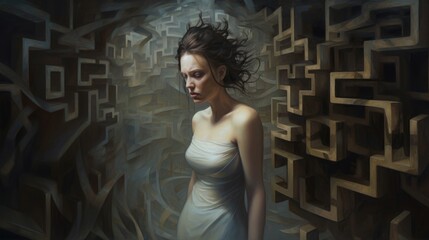 Woman in a maze of her own mind concept of mental health problem for mental health awareness month generative ai	