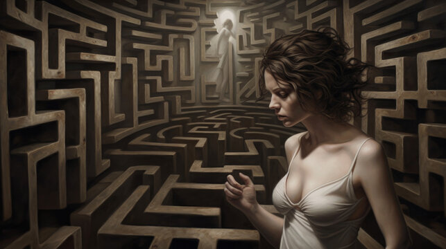 Woman in a maze of her own mind concept of mental health problem for mental health awareness month generative ai	