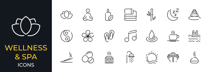 Set of 21 wellness and spa icons. Vector modern lines icons - obrazy, fototapety, plakaty