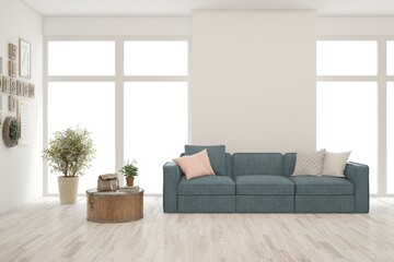 White living room with sofa. Scandinavian interior design. 3D illustration