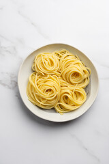 Plate with pasta on marble white background. Step 1 cooking pasta. Cooking Italian spaghetti with tomato sauce, vegetables, cheese and meat balls. Step by step.