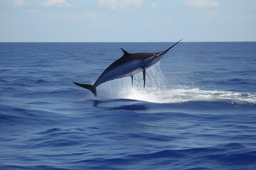 Fototapeta premium Blue Marlin jumping out of water. Generative AI