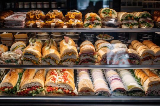 Colorful Array Of Sandwiches And Wraps On Display In Deli Case, Created With Generative Ai