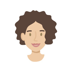 Girl face flat. Friendly young woman with curly dark hair. Hand drawn vector illustration.