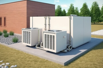 Ground source heat pump system for heating home with geothermal energy. 3D rendered illustration. Generative AI