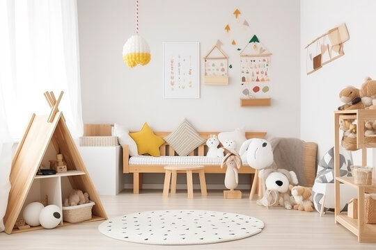 Modern eco-friendly kids room with wooden accents, colorful toys, and  a poster mockup in Scandinavian style. Generative AI