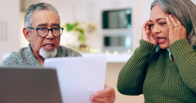 Banking debt, fight and senior couple with anger from bills and financial statement at home. Elderly people, fighting and finance problem together from bankruptcy and accounting issue of retirement