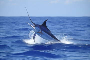 Fototapeta premium Blue Marlin jumping out of water. Generative AI