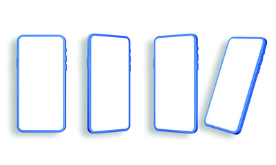 3D Set of blue phone colors with a white mockup isolated on white background, For the using mobile smartphone mockup presentation. 3d render illustration.