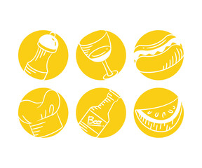 food, drinks and chef hat in yellow button set illustration