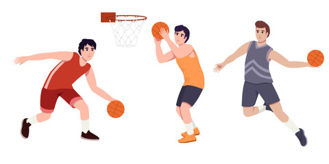 Basketball player. Men playing, guys jumping with ball, muscular basketball players in different playing positions.