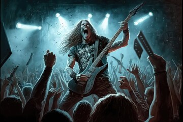 heavy metal guitarist, shredding away on stage, with mass of fans cheering in the background, created with generative ai - obrazy, fototapety, plakaty