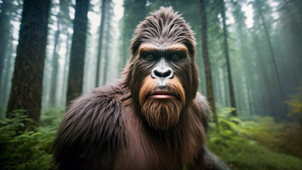 The Wild and Mysterious bigfoot : A Close-Up Portrait of a Legendary Creature in the Forest. - obrazy, fototapety, plakaty