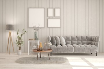 Grey modern living room with sofa. Scandinavian interior design. 3D illustration