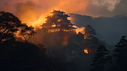 Samurai Battle Rages On at Evening Dusk: Burning Castle Surrounded by Fire and Smoke in Medieval Japan, Generative AI