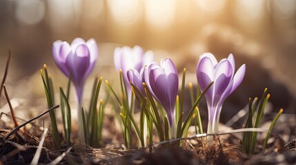 Springtime Splendor: Macro View of a Beautiful Garden Bursting with Crocus Blossoms, Generative AI