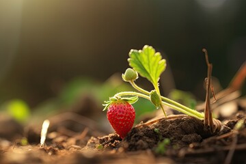 Taste the Fresh, Natural Deliciousness of a Vitamin-Rich Germinating Strawberry Berry - Closeup of Raw Colours on a Ground Background: Generative AI