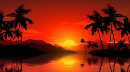 Fototapeta na wymiar A breathtaking sunset over the ocean, with vibrant hues of orange and red reflecting on the water. Silhouettes of palm trees and a distant mountain add to the scenic landscape.