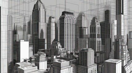 Urban Haven: Skyscraper Cityscape with Seamless Design & Linear Drawing: Generative AI