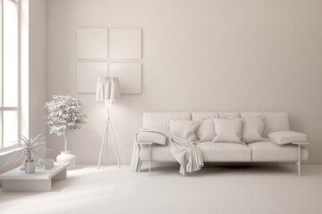 Grey interior desigh concept with furniture. 3D illustration