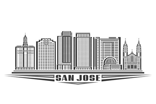 Vector illustration of San Jose, monochrome card with linear design famous californian city scape, american urban line art concept with decorative lettering for black text san jose on white background