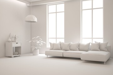 Modern interior concept with sofa and summer landscape in window. 3D illustration