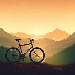 minimalistic illustration of a bicycle set against a horizon of mountains and sky.