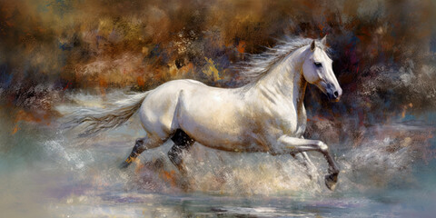Illustration of white horse running in full gallop, AI generative