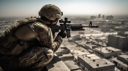 A soldier holding a position on a rooftop, with a panoramic view of the battlefield below, capturing the soldiers' skill and precision as they take aim at enemy targets