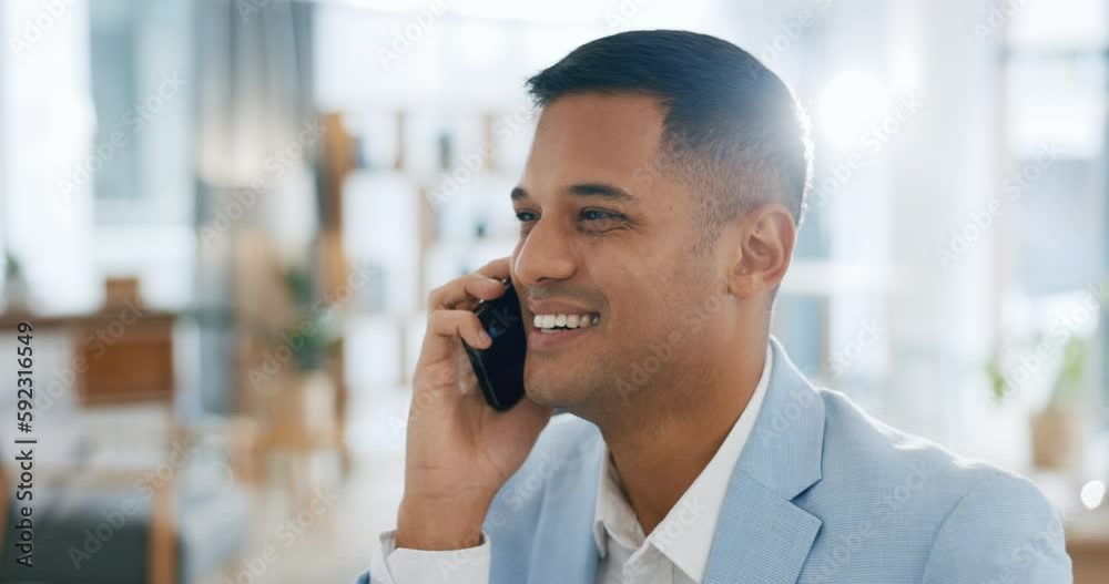 Poster happy businessman, phone call and conversation for communication, proposal or networking at office. 