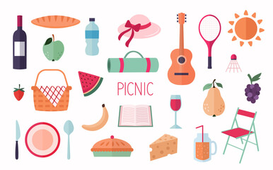 A set of flat picnic elements on a separate white background. Vector illustration. 