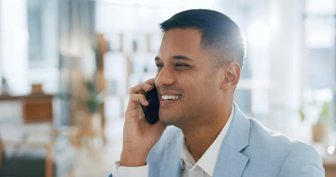Happy businessman, phone call and conversation for communication, proposal or networking at office. Man talking on mobile smartphone for business discussion or corporate idea with smile at workplace