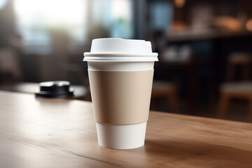 Blank coffee paper cup on the table. Mockup of coffee paper cup. generative AI