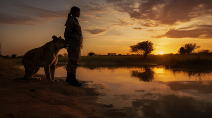 A soldier standing guard while a lioness drinks from a watering hole, with the African sunset casting a warm glow over the scene